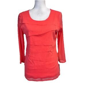 Alfani Blouse Top sz Medium Coral Blast Sheer Mesh Stretch Summer Career Casual
